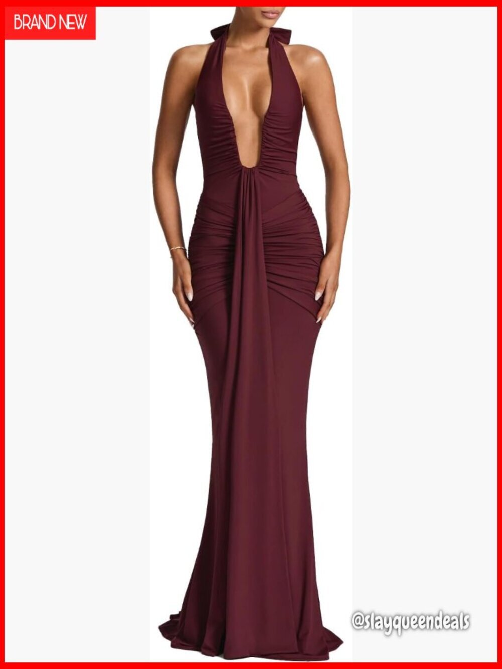 Deep V Neck Ruched Maxi Dress Halter Formal Evening Gown Cocktail